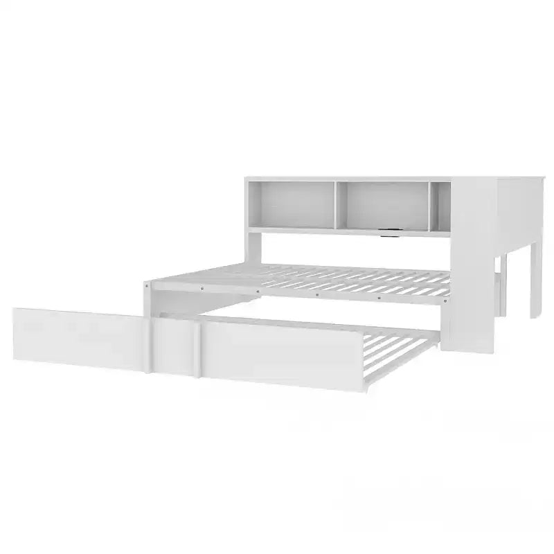 Lit de repos pleine grandeur avec lit gigogne et bibliothèque, lit de repos en forme de L avec ports USB, lit d'angle complet en bois avec tête de lit de rangement
