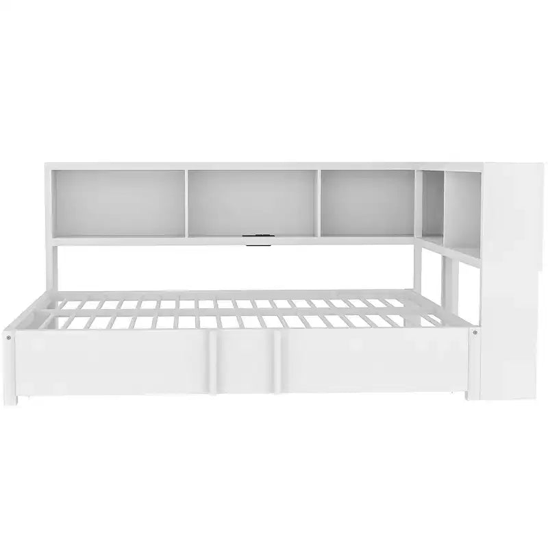 Lit de repos pleine grandeur avec lit gigogne et bibliothèque, lit de repos en forme de L avec ports USB, lit d'angle complet en bois avec tête de lit de rangement
