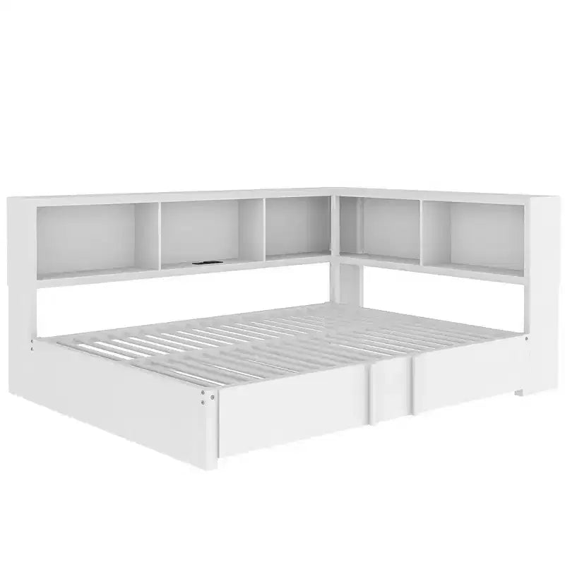 Lit de repos pleine grandeur avec lit gigogne et bibliothèque, lit de repos en forme de L avec ports USB, lit d'angle complet en bois avec tête de lit de rangement