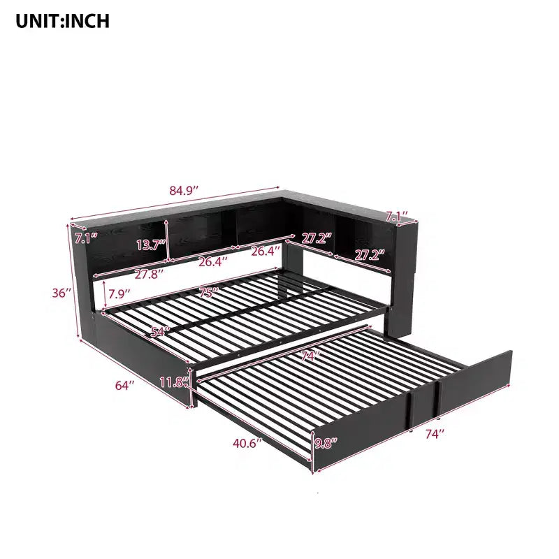 Lit de repos pleine grandeur avec lit gigogne et bibliothèque, lit de repos en forme de L avec ports USB, lit d'angle complet en bois avec tête de lit de rangement