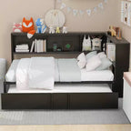 Lit de repos pleine grandeur avec lit gigogne et bibliothèque, lit de repos en forme de L avec ports USB, lit d'angle complet en bois avec tête de lit de rangement