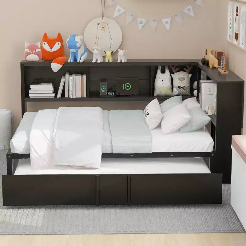 Lit de repos pleine grandeur avec lit gigogne et bibliothèque, lit de repos en forme de L avec ports USB, lit d'angle complet en bois avec tête de lit de rangement