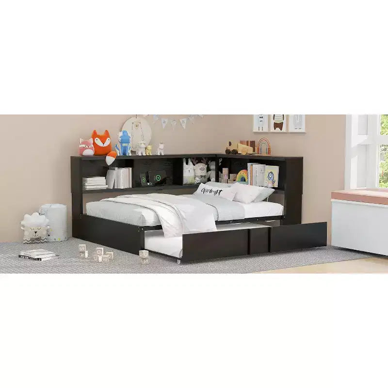 Lit de repos pleine grandeur avec lit gigogne et bibliothèque, lit de repos en forme de L avec ports USB, lit d'angle complet en bois avec tête de lit de rangement
