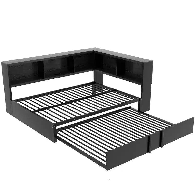 Lit de repos pleine grandeur avec lit gigogne et bibliothèque, lit de repos en forme de L avec ports USB, lit d'angle complet en bois avec tête de lit de rangement