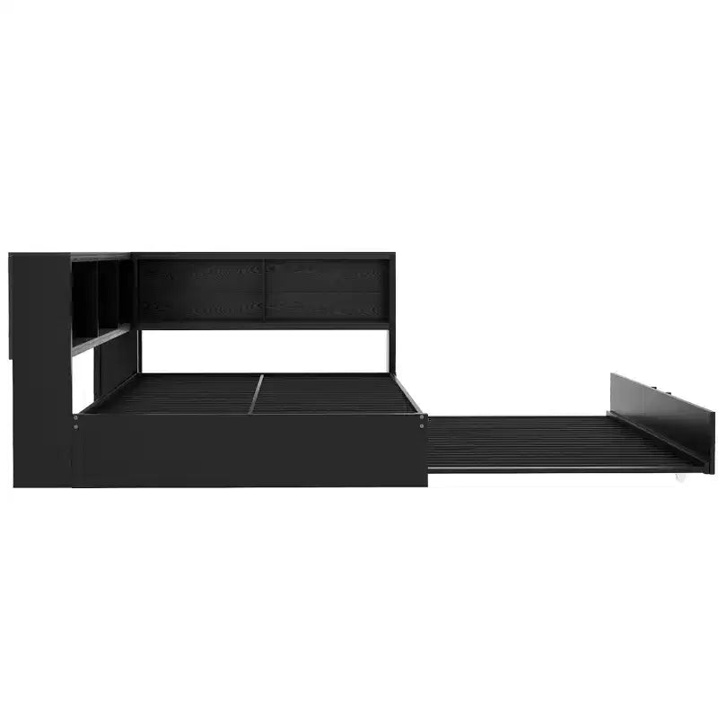 Lit de repos pleine grandeur avec lit gigogne et bibliothèque, lit de repos en forme de L avec ports USB, lit d'angle complet en bois avec tête de lit de rangement