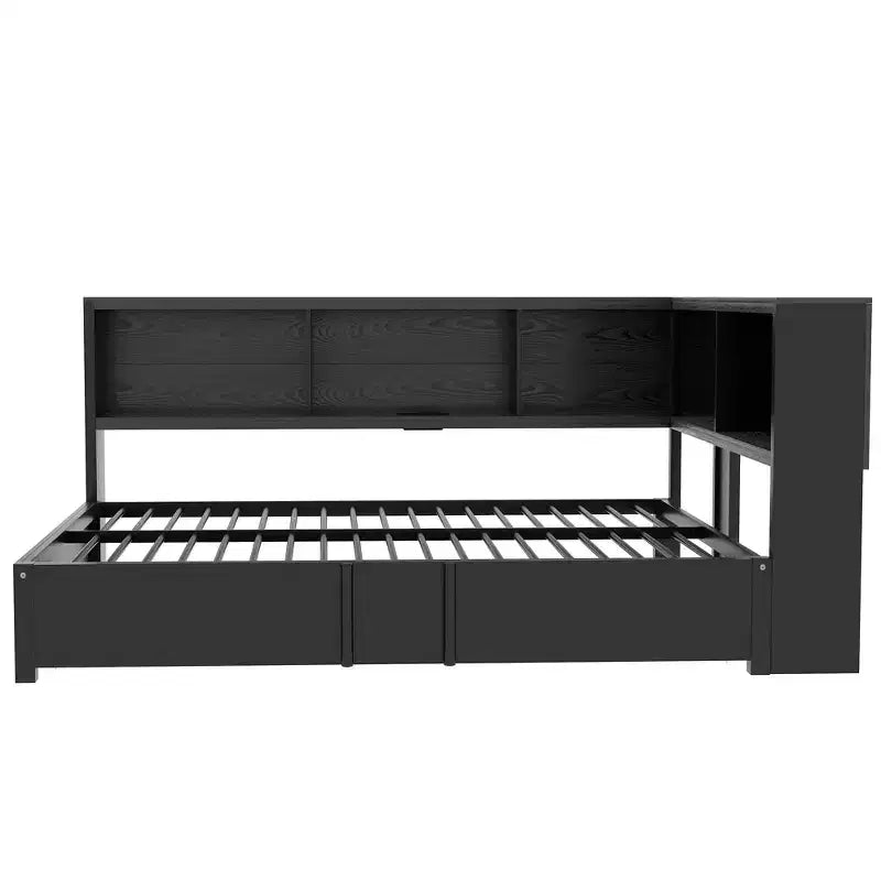 Lit de repos pleine grandeur avec lit gigogne et bibliothèque, lit de repos en forme de L avec ports USB, lit d'angle complet en bois avec tête de lit de rangement