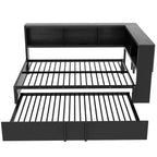 Lit de repos pleine grandeur avec lit gigogne et bibliothèque, lit de repos en forme de L avec ports USB, lit d'angle complet en bois avec tête de lit de rangement