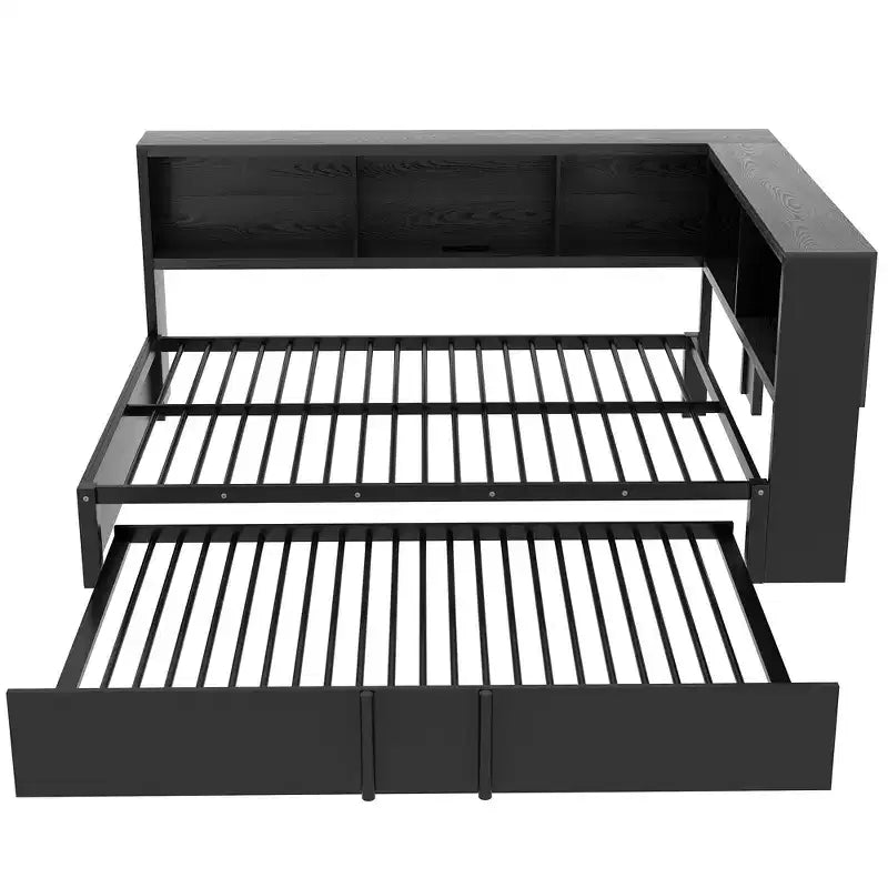 Lit de repos pleine grandeur avec lit gigogne et bibliothèque, lit de repos en forme de L avec ports USB, lit d'angle complet en bois avec tête de lit de rangement