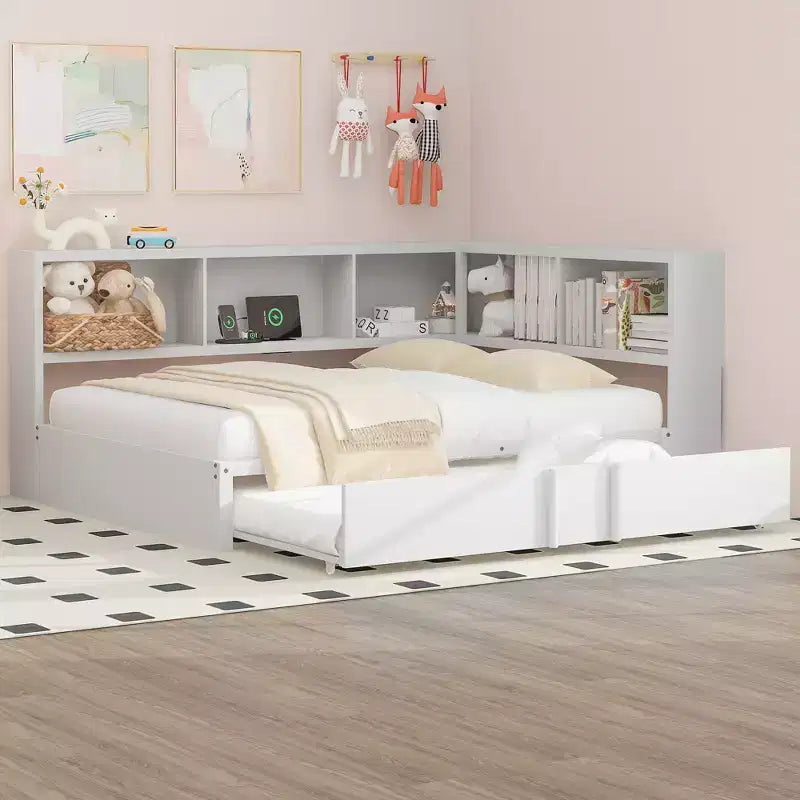 Lit de repos pleine grandeur avec lit gigogne et bibliothèque, lit de repos en forme de L avec ports USB, lit d'angle complet en bois avec tête de lit de rangement