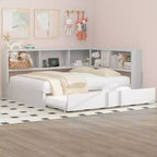 Lit de repos pleine grandeur avec lit gigogne et bibliothèque, lit de repos en forme de L avec ports USB, lit d'angle complet en bois avec tête de lit de rangement