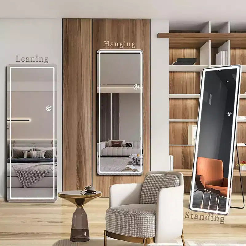 Miroir LED pleine longueur avec cadre en alliage d'aluminium, température de couleur réglable, 3-en-1 (debout/suspendu/appuyé), miroir corporel intelligent de 60 pouces
