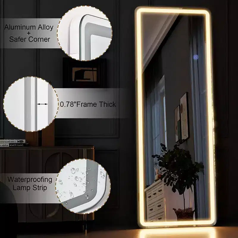 Miroir LED pleine longueur avec cadre en alliage d'aluminium, température de couleur réglable, 3-en-1 (debout/suspendu/appuyé), miroir corporel intelligent de 60 pouces