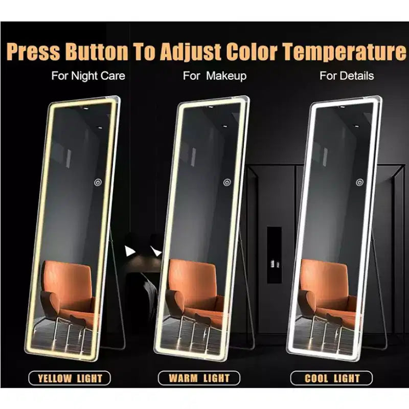 Miroir LED pleine longueur avec cadre en alliage d'aluminium, température de couleur réglable, 3-en-1 (debout/suspendu/appuyé), miroir corporel intelligent de 60 pouces