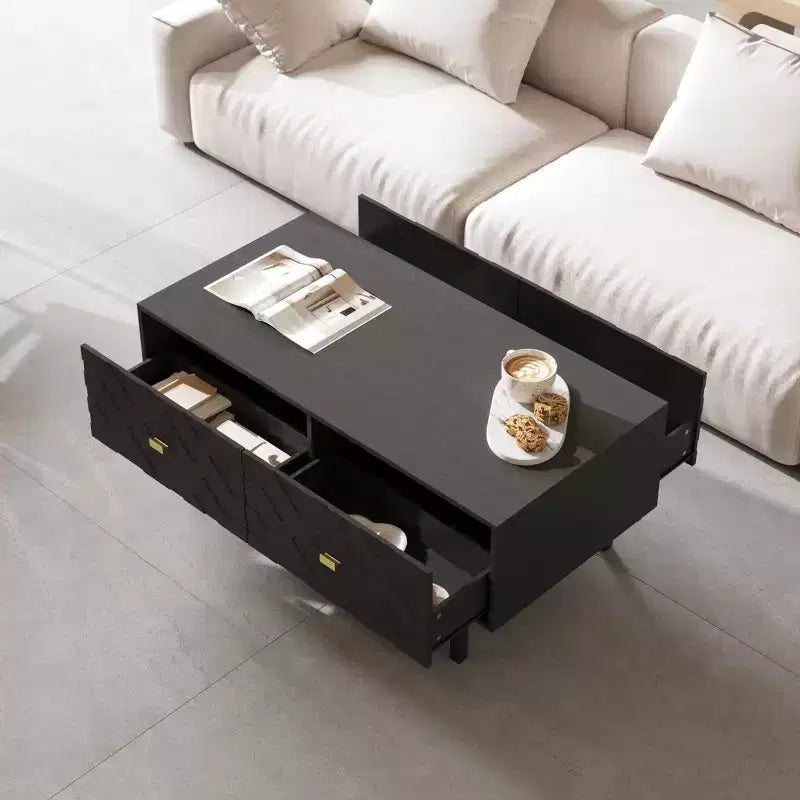 Table basse Famapy Noir et Or : Tiroirs texturés, Grand espace de rangement, Sublimez le style de votre salon