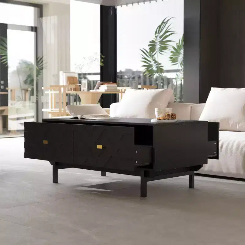 Table basse Famapy Noir et Or : Tiroirs texturés, Grand espace de rangement, Sublimez le style de votre salon