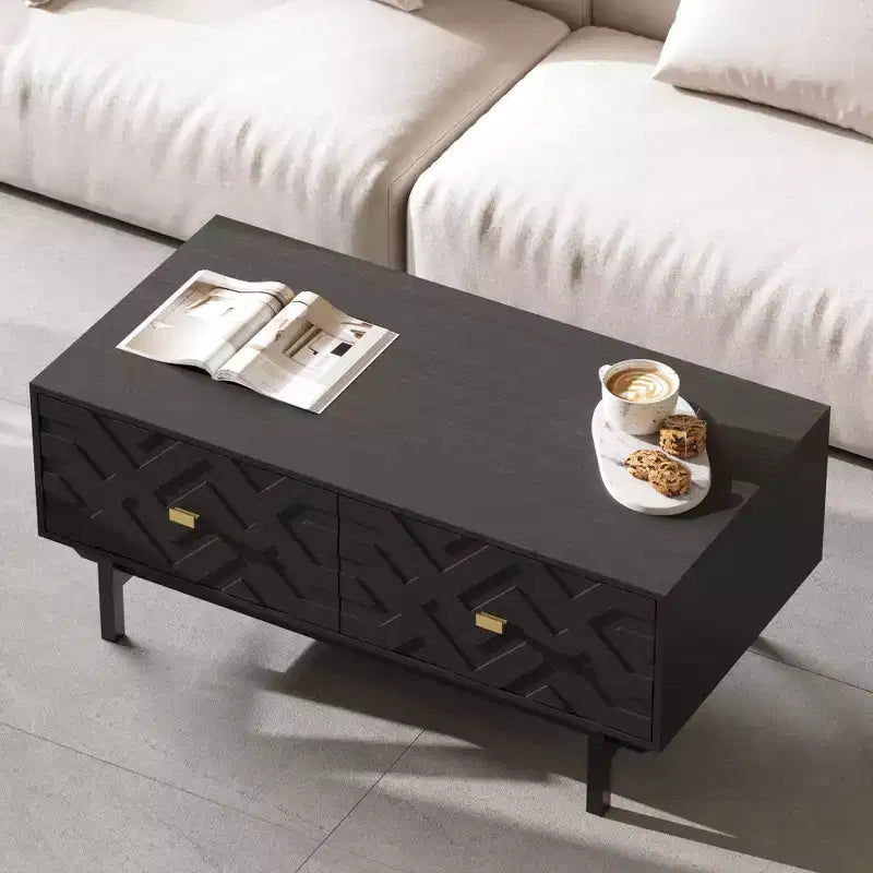 Table basse Famapy Noir et Or : Tiroirs texturés, Grand espace de rangement, Sublimez le style de votre salon