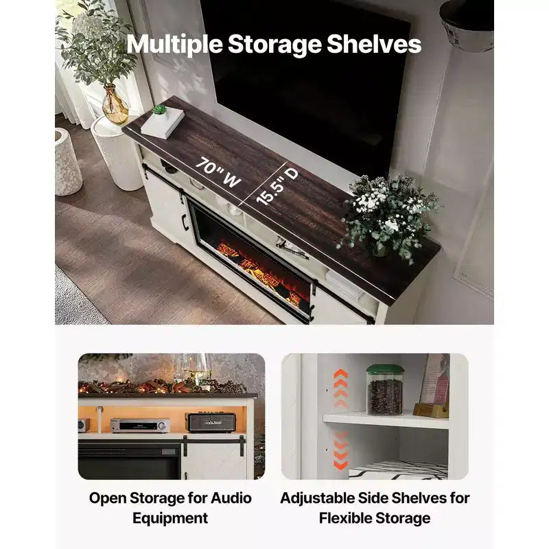 Meuble TV VEVOR avec cheminée, meuble TV de ferme pour téléviseurs jusqu'à 80 pouces, centre de divertissement de ferme avec cheminée de 36 pouces et lumières LED, blanc