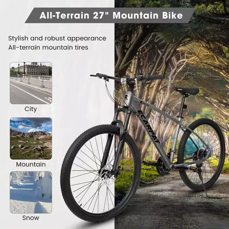 Whisen VTT 27 pouces 21 vitesses, fourche à suspension, cadre en aluminium, frein à disque - Gris