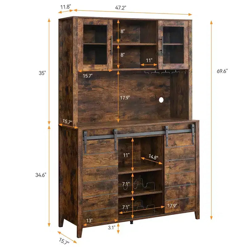 Meuble de bar de ferme avec porte coulissante en forme de grange, buffet rustique de 178 cm avec étagères de rangement, casier à vin et verres, pour cuisine, salle à manger