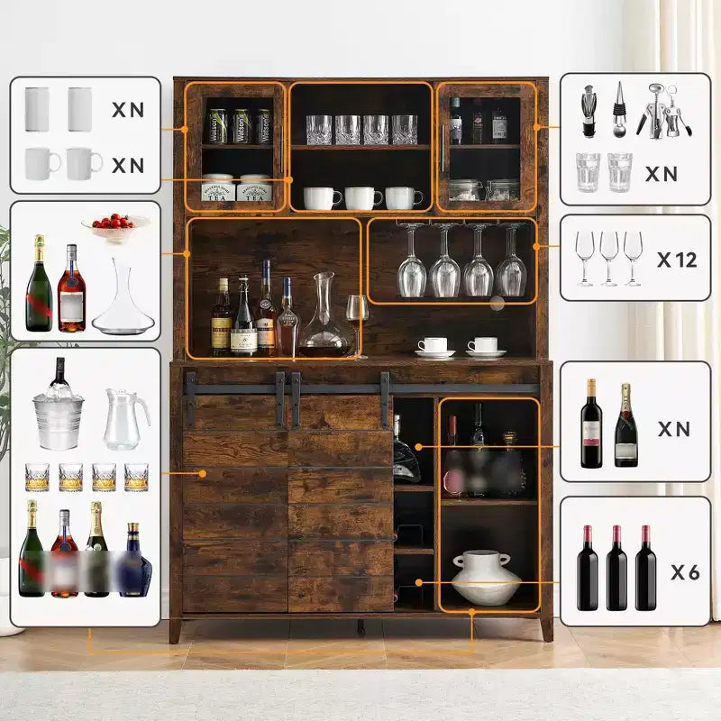 Meuble de bar de ferme avec porte coulissante en forme de grange, buffet rustique de 178 cm avec étagères de rangement, casier à vin et verres, pour cuisine, salle à manger