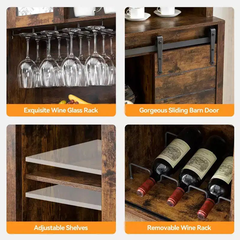 Meuble de bar de ferme avec porte coulissante en forme de grange, buffet rustique de 178 cm avec étagères de rangement, casier à vin et verres, pour cuisine, salle à manger