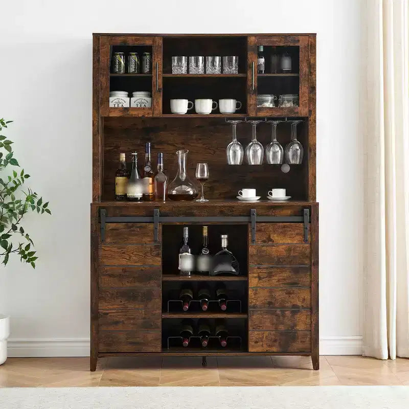 Meuble de bar de ferme avec porte coulissante en forme de grange, buffet rustique de 178 cm avec étagères de rangement, casier à vin et verres, pour cuisine, salle à manger