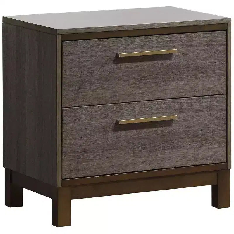 Table de chevet contemporaine 1 pièce, finition bicolore gris antique, glissières centrales en métal, poignées barre en laiton