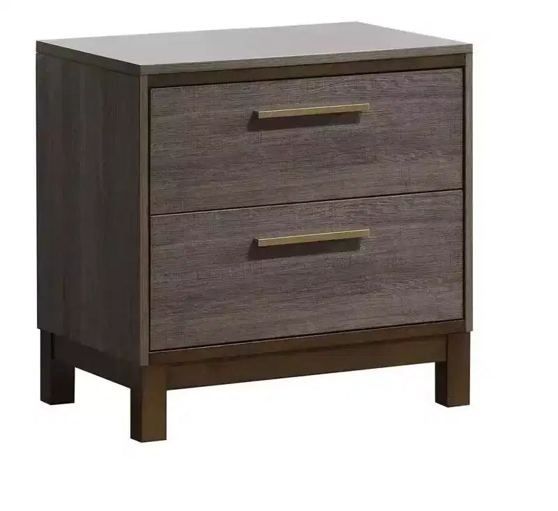 Table de chevet contemporaine 1 pièce, finition bicolore gris antique, glissières centrales en métal, poignées barre en laiton