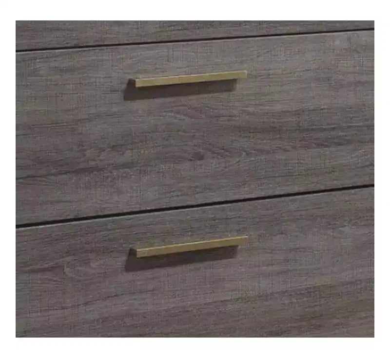 Table de chevet contemporaine 1 pièce, finition bicolore gris antique, glissières centrales en métal, poignées barre en laiton