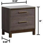 Table de chevet contemporaine 1 pièce, finition bicolore gris antique, glissières centrales en métal, poignées barre en laiton