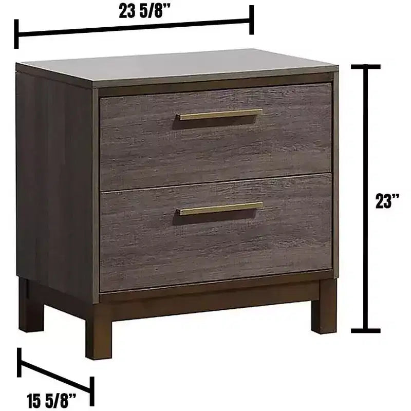 Table de chevet contemporaine 1 pièce, finition bicolore gris antique, glissières centrales en métal, poignées barre en laiton
