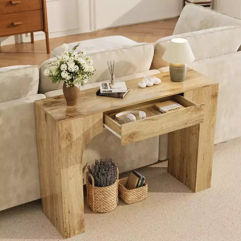 Table console de 100 cm COZONY avec tiroir de rangement, table de canapé industrielle de style ferme pour entrée, salon, couloir, vestibule