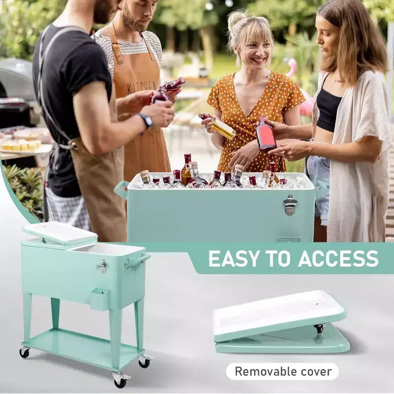 NAYSAYE Glacière Roulante de 76 Litres avec Bac de Récupération, Tablette de Rangement Inférieure pour Fêtes en Patio, Barbecue, Plage, Vert, 34.3*15.2*35.8