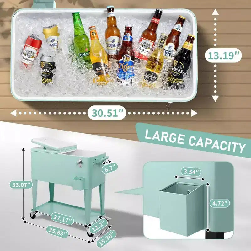 NAYSAYE Glacière Roulante de 76 Litres avec Bac de Récupération, Tablette de Rangement Inférieure pour Fêtes en Patio, Barbecue, Plage, Vert, 34.3*15.2*35.8