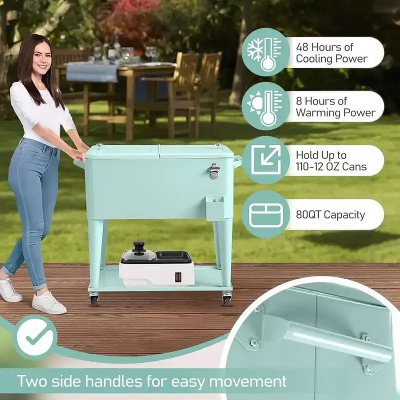 NAYSAYE Glacière Roulante de 76 Litres avec Bac de Récupération, Tablette de Rangement Inférieure pour Fêtes en Patio, Barbecue, Plage, Vert, 34.3*15.2*35.8