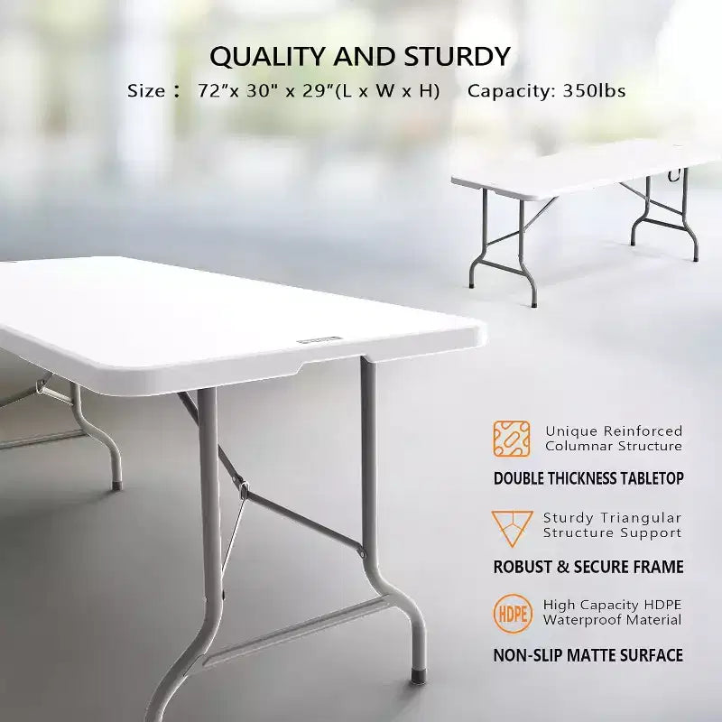 VINGLI Table pliante en plastique de 2,4 m, table longue portable pour utilisation intérieure/extérieure, rectangulaire avec poignée de transport, blanc