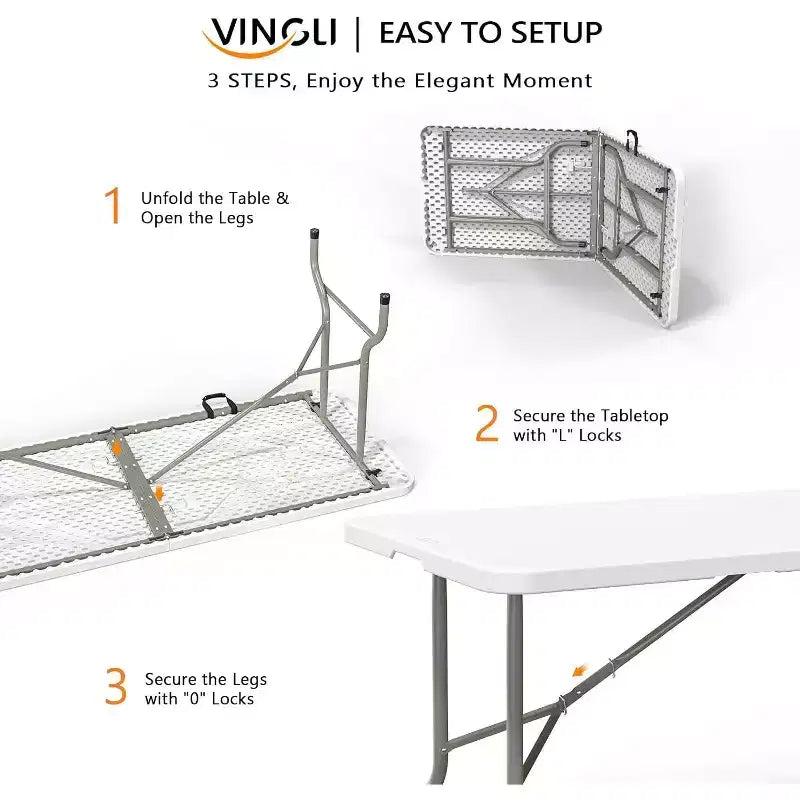 VINGLI Table pliante en plastique de 2,4 m, table longue portable pour utilisation intérieure/extérieure, rectangulaire avec poignée de transport, blanc
