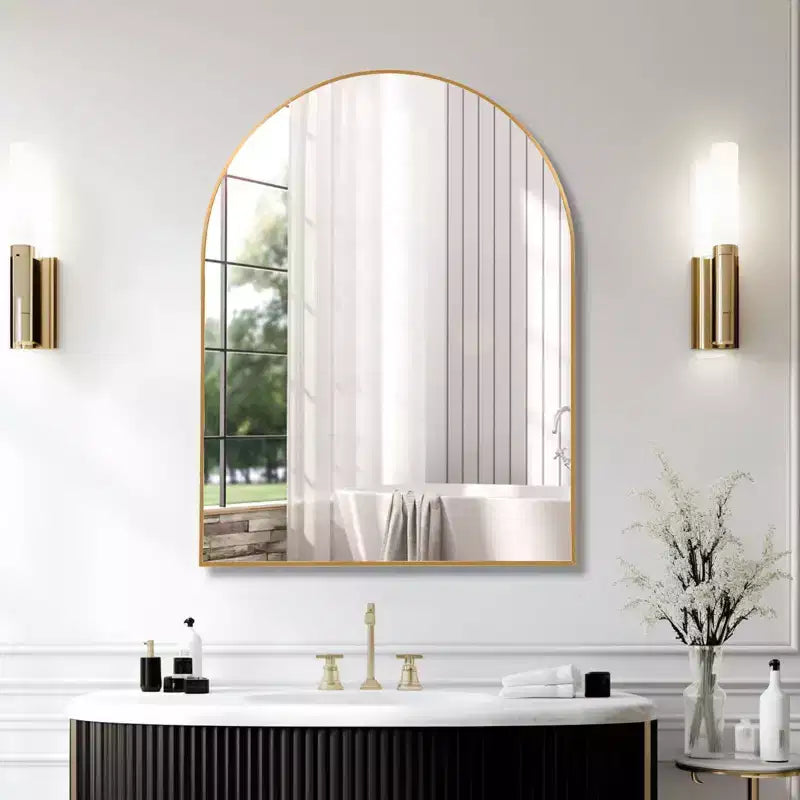 Miroir mural arqué de 30 x 40 pouces avec cadre en aluminium noir pour salle de bain, coiffeuse, chambre, entrée et salon