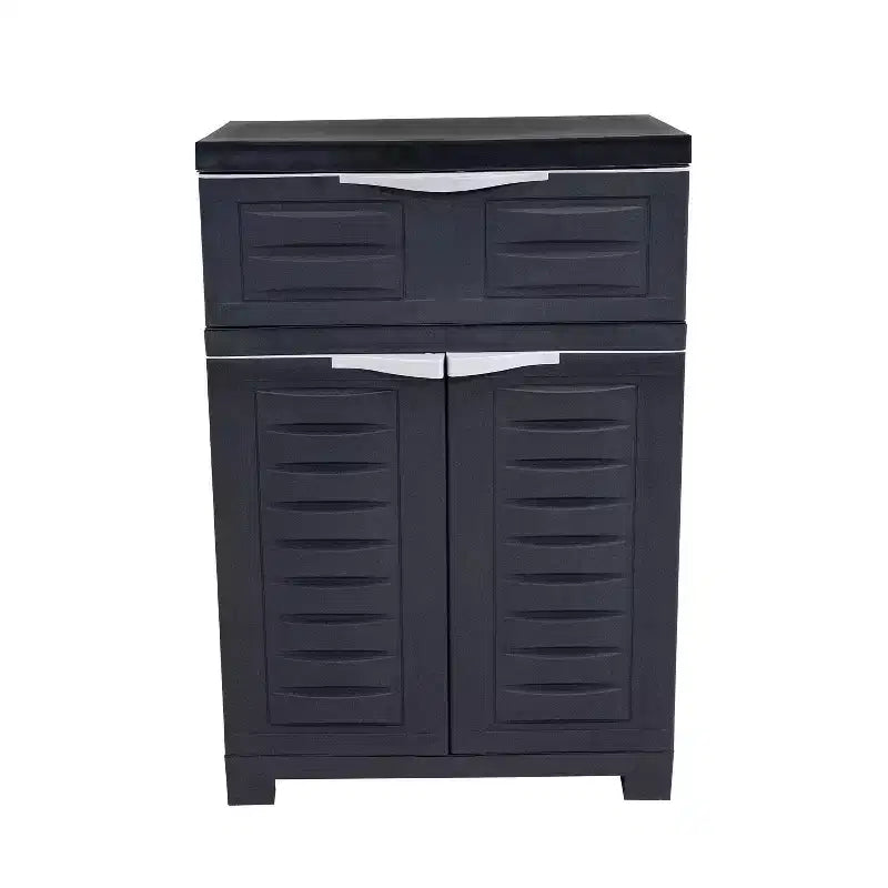 HomeRoots 24 Charcoal Plastic Accent Cabinet With Two Doors And One Drawer