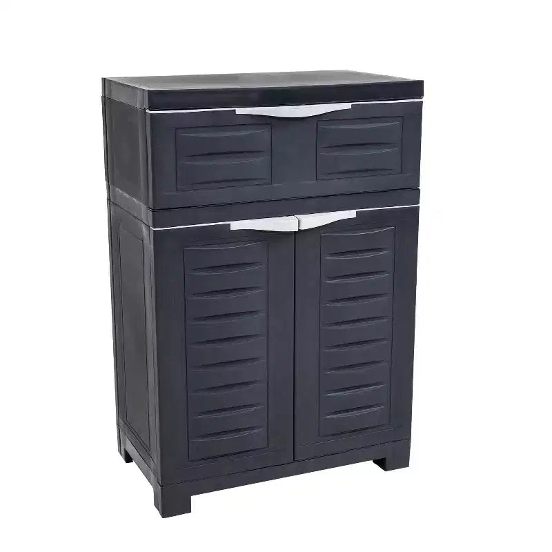 Meuble d'appoint 24 HomeRoots en plastique anthracite avec deux portes et un tiroir