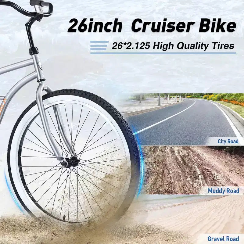 Vélo de plage Whisen 26 pour hommes, vélo à vitesse unique avec cadre en acier, roues larges pour la stabilité