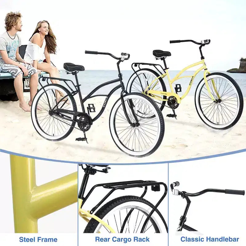Vélo de plage Whisen 26 pour hommes, vélo à vitesse unique avec cadre en acier, roues larges pour la stabilité