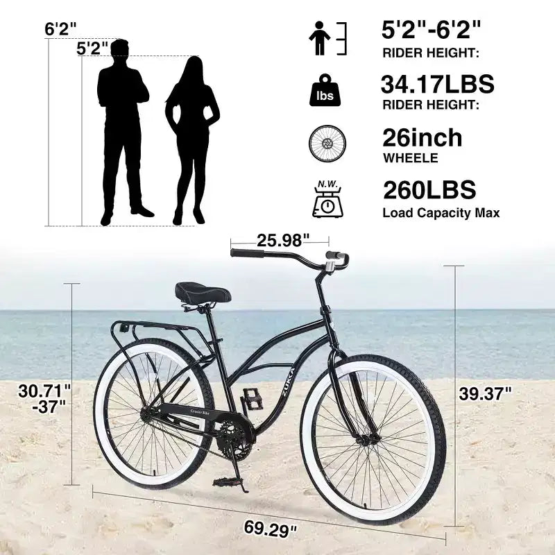 Vélo de plage Whisen 26 pour hommes, vélo à vitesse unique avec cadre en acier, roues larges pour la stabilité
