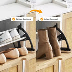 Meuble à chaussures fin avec 4 portes abattantes, peut contenir 20 à 22 paires de chaussures. Hauteur des étagères réglable avec protection anti-basculement.