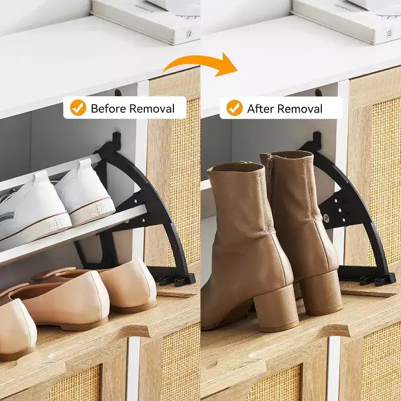 Meuble à chaussures fin avec 4 portes abattantes, peut contenir 20 à 22 paires de chaussures. Hauteur des étagères réglable avec protection anti-basculement.