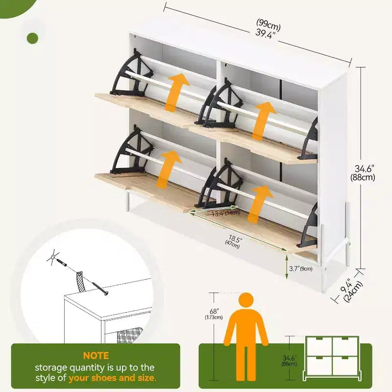 Meuble à chaussures fin avec 4 portes abattantes, peut contenir 20 à 22 paires de chaussures. Hauteur des étagères réglable avec protection anti-basculement.