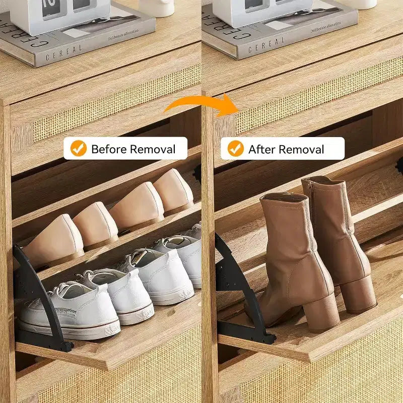 Meuble à chaussures fin avec 4 portes abattantes, peut contenir 20 à 22 paires de chaussures. Hauteur des étagères réglable avec protection anti-basculement.