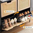 Meuble à chaussures fin avec 4 portes abattantes, peut contenir 20 à 22 paires de chaussures. Hauteur des étagères réglable avec protection anti-basculement.