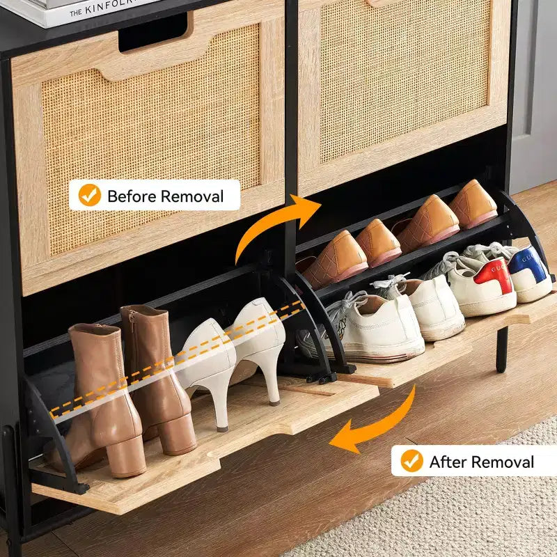 Meuble à chaussures fin avec 4 portes abattantes, peut contenir 20 à 22 paires de chaussures. Hauteur des étagères réglable avec protection anti-basculement.