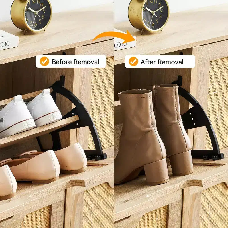 Meuble à chaussures fin avec 4 portes abattantes, peut contenir 20 à 22 paires de chaussures. Hauteur des étagères réglable avec protection anti-basculement.